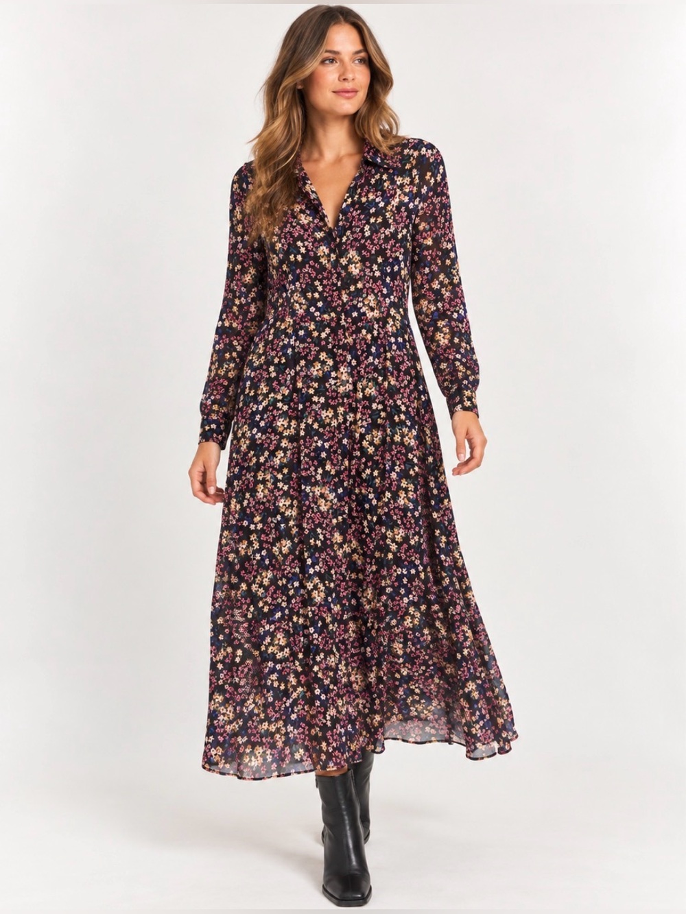 MNG Floral Maxi Dress  Navy ,black Multicolor Long Sleeve Boho